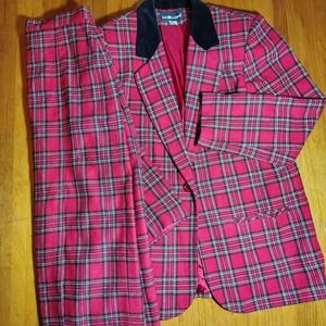 vintage Sag Harbor Blazer skirt Suit Set Red Plaid Velvet Collar Size‎ 12